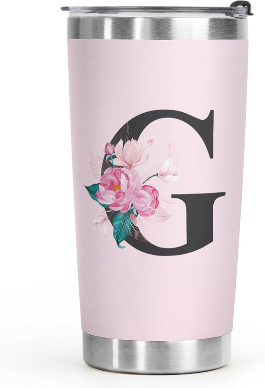 Shqiueos Initial Monogrammed Gifts for Women, 20 Oz Insulated Tumbler With Lid, Stainless Steel Vacuum Pink Cup, Personalized Christmas, Wedding, Birthday Gifts for Her Friends Mom Sister