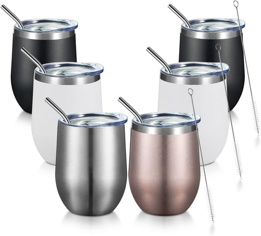 COMOOO Stainless Steel Wine Tumbler with Lid and Straw 12oz Double Wall Vacuum Insulated Travel Tumbler Cup for Coffee, Wine, Cocktails, Champagne (Black White Silver and Rose Gold,6 Pack)