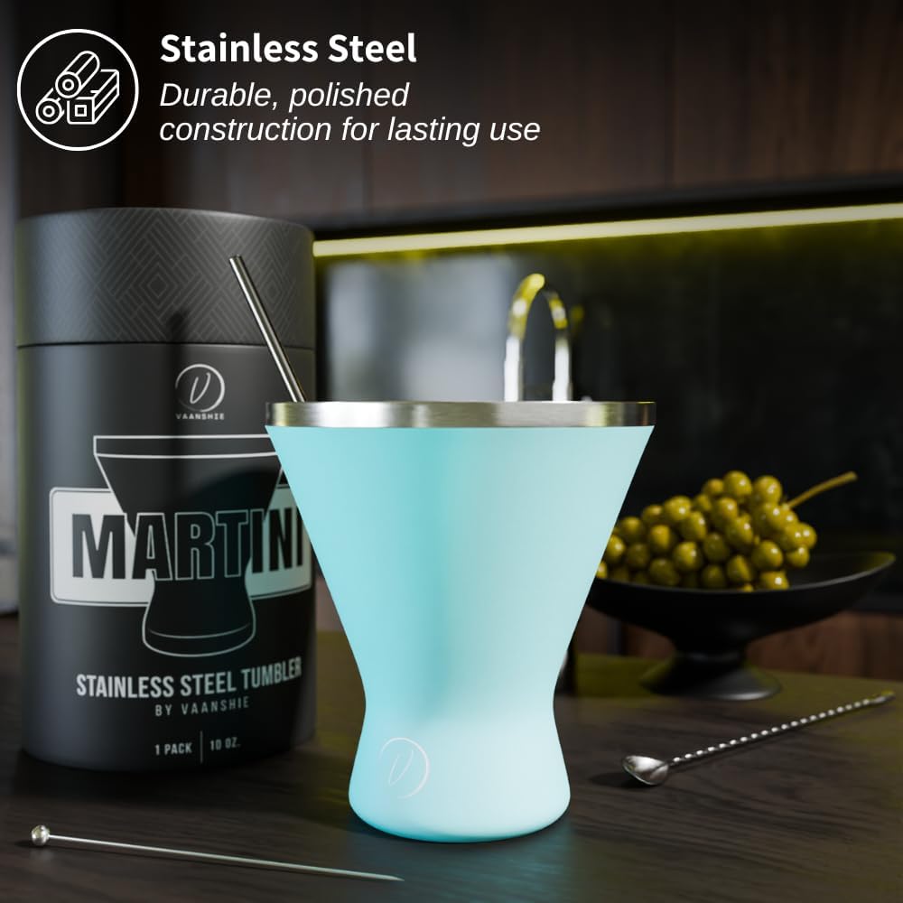 Stainless Steel Martini Glass [Pack of 1] – 10oz, Blue, Powder Coated, No Sweat, Double Wall Margarita Cup with Lid | Ideal for Mother's Day Gift