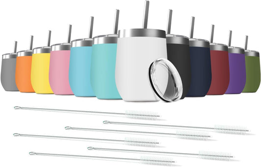 12oz Wine Tumbler with Lid With straw Stainless Steel Wine Tumbler Cups Double Wall Vacuum Insulated Travel Mugs Stemless Cup 12 Pack (Assorted Colors)