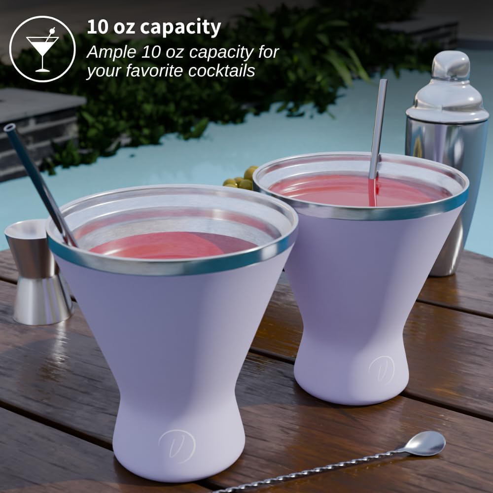 Stainless Steel Martini Glass [Pack of 2] – 10oz, Lilac, Powder Coated, No Sweat, Double Wall Margarita Cup with Lid | Ideal for Mother's Day Gift