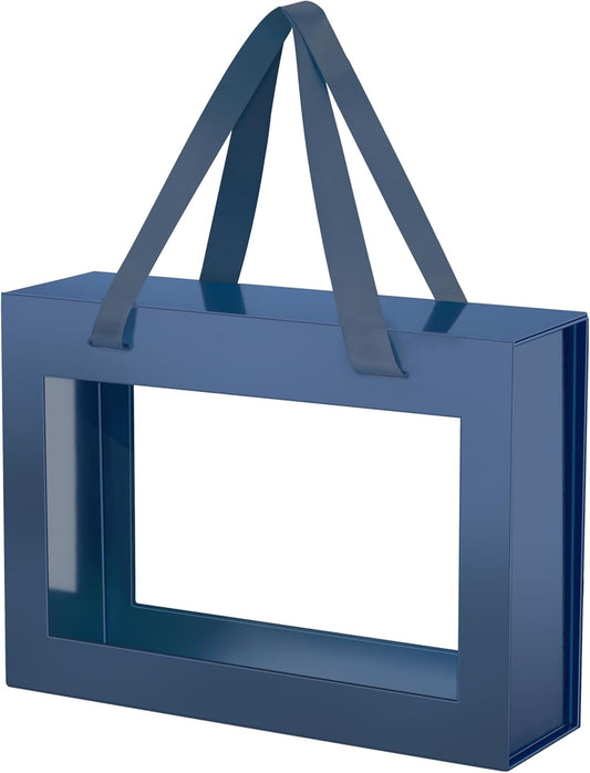 JINGUAN Navy Blue Gift Box with Window, Gift Box with Lid and Handle, Clear Magnetic Gift Box for Present, Groomsman Proposal Box (10.5x7.5x3 Inches