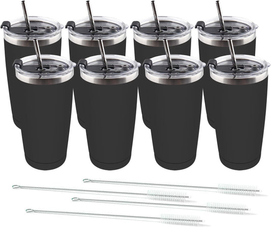 Amtidy 8 Pack 20oz Stainless Steel Tumbler with Lid, Powder Coated Vacuum Insulated Tumbler Cup, With straw and cleaning brushDouble Wall Coffee Tumbler, Powder Coated Travel Mug