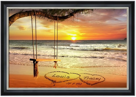 IPIC - "Eternal Love Personalized Canvas Wall Art, Custom Beach Sunset Scene with Solid Wood Frame, A Personalized Gift with Name and Date for Couple, Wedding, or Anniversary