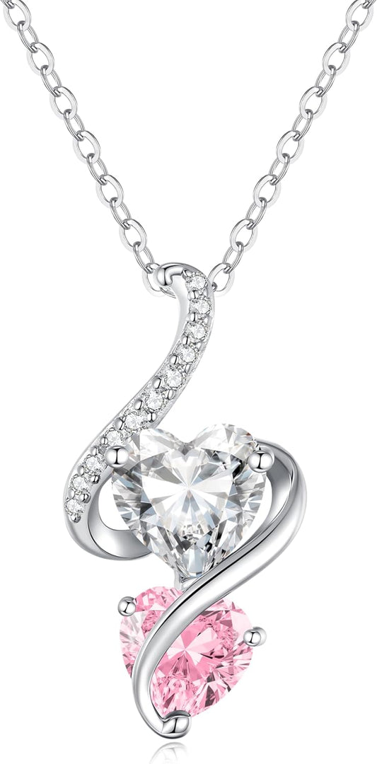 LOUISA SECRET Unique Double Heart Necklace Gifts for Wife Women, 925 Sterling Silver Tiny Birthstone Pendant Jewelry Gift for Her Girlfriend Mom Valentine's Day Anniversary Mother's Day Birthdays & Christmas