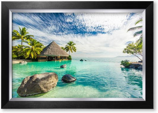 IPIC - "Tropical Memories Personalized Framed Wall Art, Custom Beach Canvas Print with Name and Date on Rock, A Personalized Gift for Couple, Wedding, or Anniversary, Coastal Home Decor