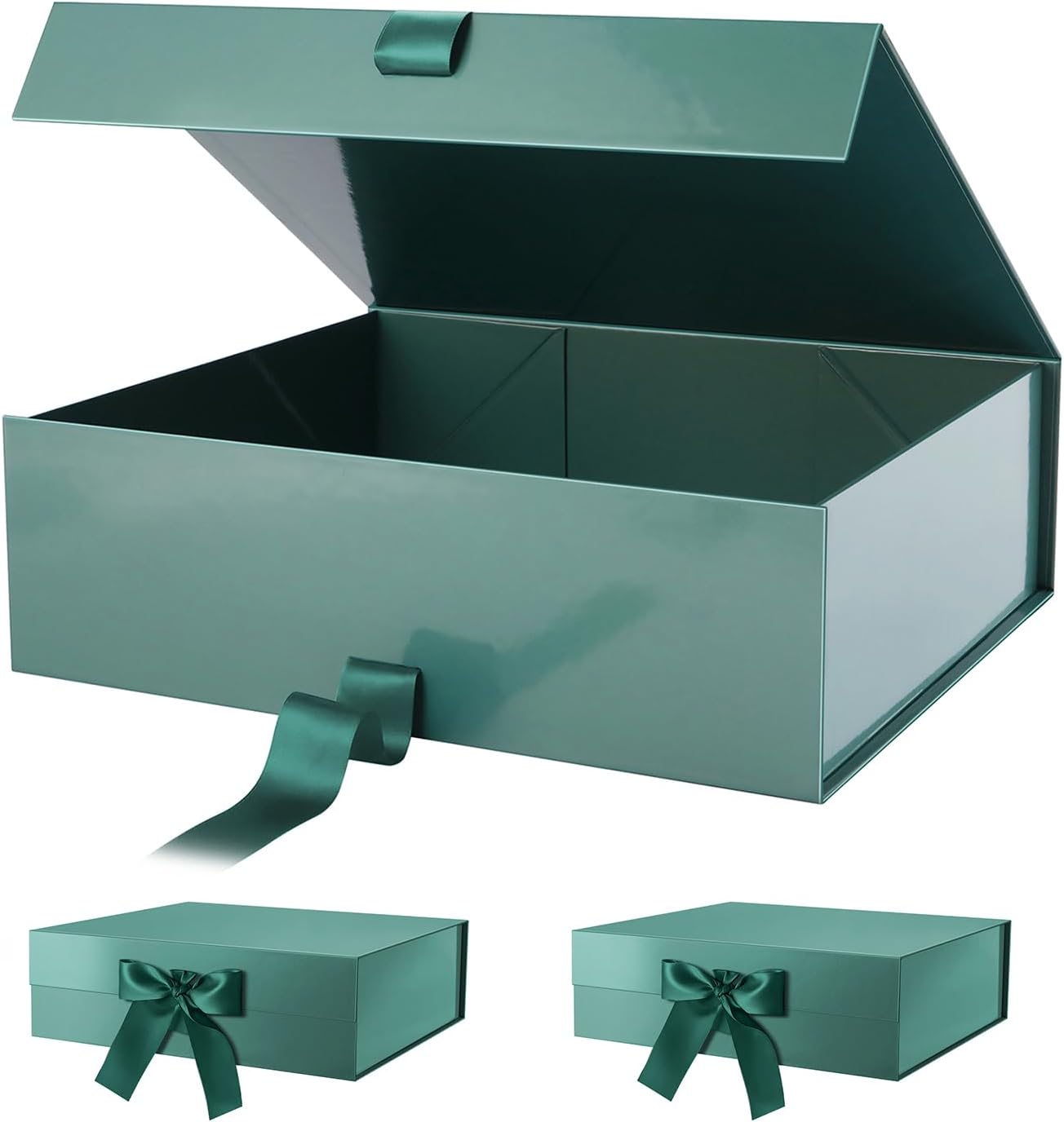 PACKHOME 17x14.5x5.5 Inches, 3 Extra Large Gift Boxes with Lids, Magnetic Closure Boxes with Ribbon for Clothes and Large Gifts (Glossy Green)