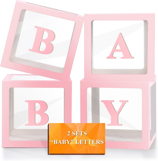 Ledido Baby Boxes with Letters for Baby Shower Decorations, 4 pcs Clear Baby Balloon Boxes Blocks for Baby Shower Decor with Letters for Boy Girl Gender Reveal Decorations Backdrop Party (Pink)