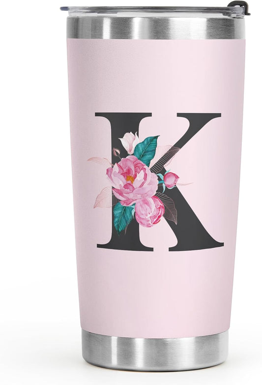 Shqiueos Initial Monogrammed Gifts for Women, 20 Oz Insulated Tumbler With Lid, Stainless Steel Vacuum Pink Cup, Personalized Christmas, Wedding, Birthday Gifts for Her Friends Mom Sister
