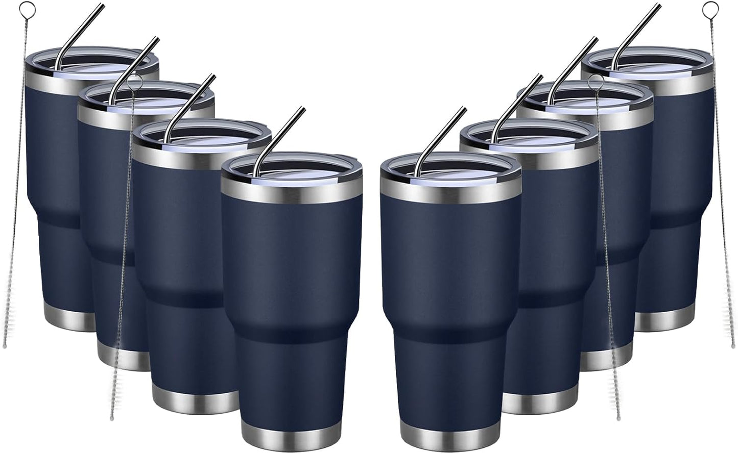 MEWAY 30oz Insulated Tumbler With Lids and Straws,Stainless Steel Double Vacuum Coffee Tumbler Cup, Brush, Durable Powder Coated Coffee Cup for Cold & Hot Drinks(Navy,8 PACK)