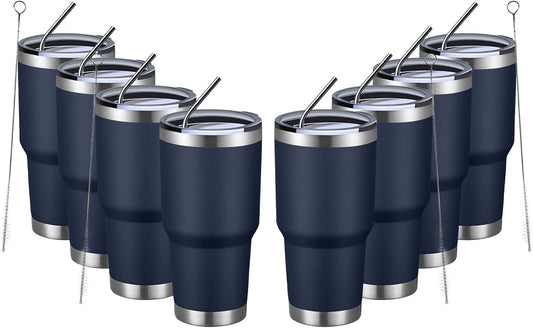MEWAY 30oz Insulated Tumbler With Lids and Straws,Stainless Steel Double Vacuum Coffee Tumbler Cup, Brush, Durable Powder Coated Coffee Cup for Cold & Hot Drinks(Navy,8 PACK)
