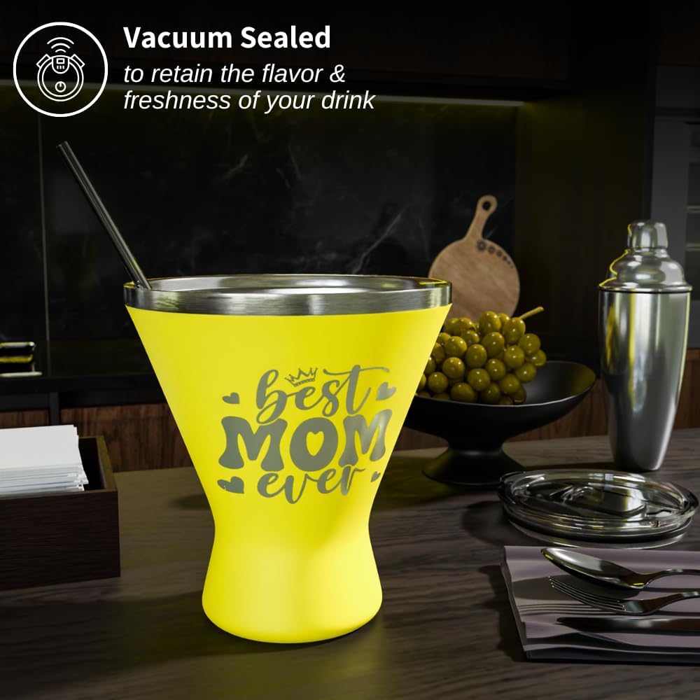 Mothers Day Gifts For Mom - Best Mom Ever Stainless Steel Martini Glass [Yellow, 10oz, Pack of 1] - Powder - Coated, Double Wall Margarita Cup - Birthday, Mother's Day, New Mom Gifts for Women