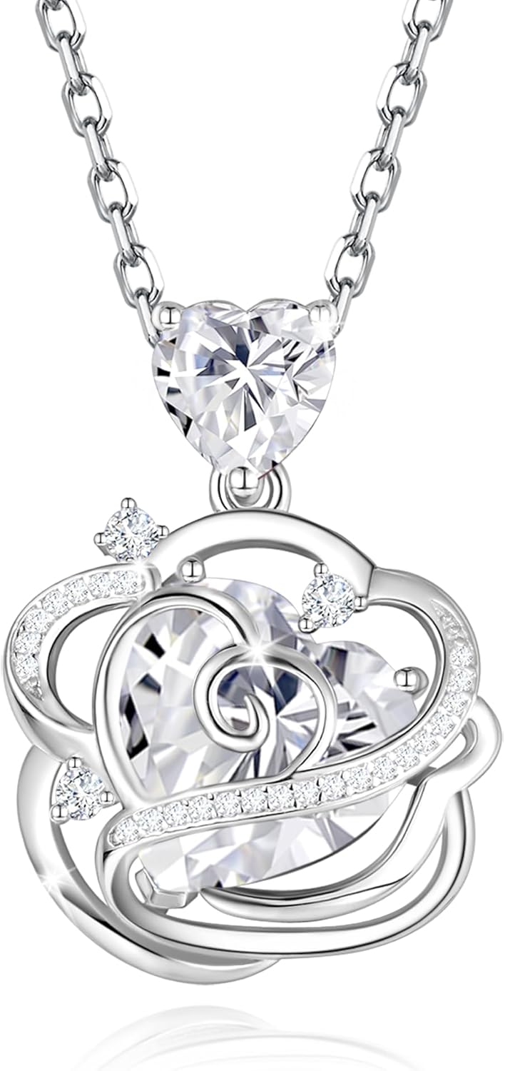 FANCIME Thornless Pulse Birthstone Necklace for Women Sterling Silver Rose Pendant Fine Jewelry Gemstone Birthday Christmas Gifts for Wife Her