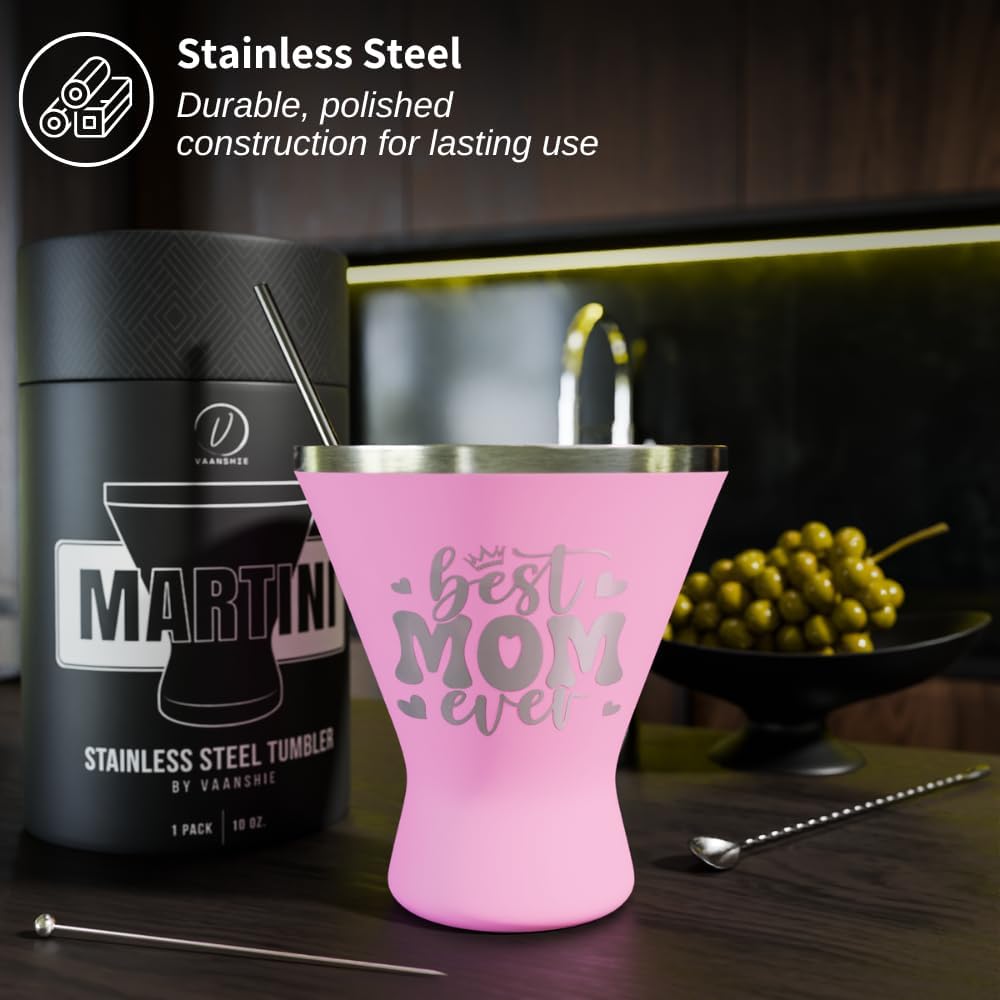 Mothers Day Gifts For Mom - Best Mom Ever Stainless Steel Martini Glass [Pink, 10oz, Pack of 1] - Powder - Coated, Double Wall Margarita Cup - Birthday, Mother's Day, New Mom Gifts for Women