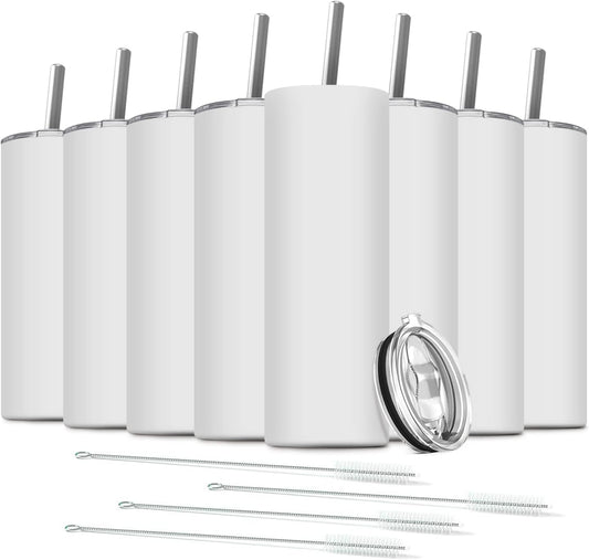 8 Pack Stainless Steel Skinny Tumbler, 20 OZ Double-Insulated Water Tumbler Cup with 8 Straw and 4 Brush, Vacuum Travel Mug Gift for Hot Cold Drinks with Cleaning(White)