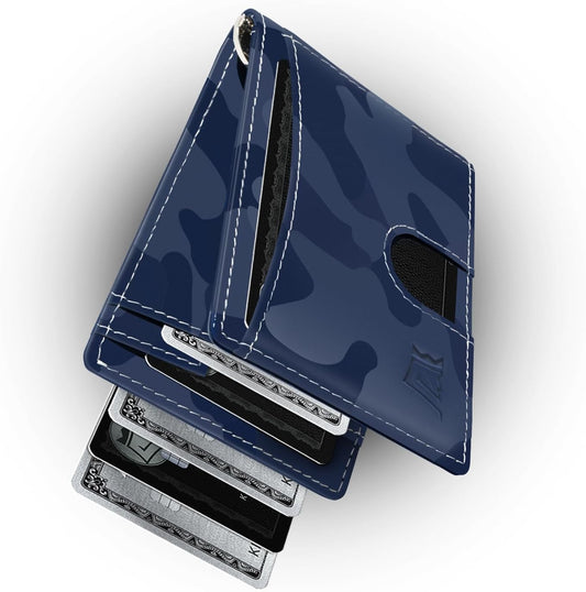 Kings Loot Money Clip Slim Minimalist Wallet for Men | RFID Blocking Leather Design with Money Clip | Front Pocket Bifold Holds 12 Cards | Stylish & Compact Wallets (Camo Blue)