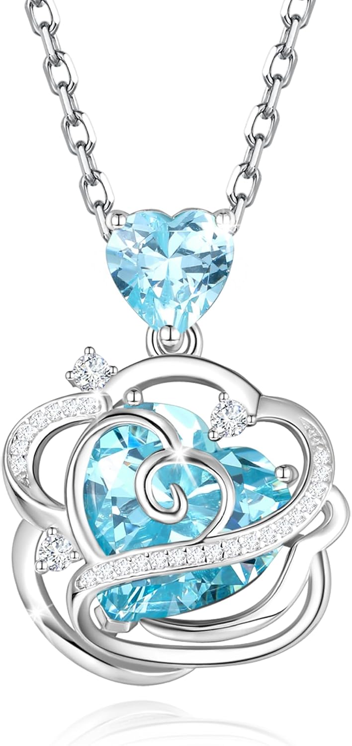 FANCIME Thornless Pulse Birthstone Necklace for Women Sterling Silver Rose Pendant Fine Jewelry Gemstone Birthday Christmas Gifts for Wife Her