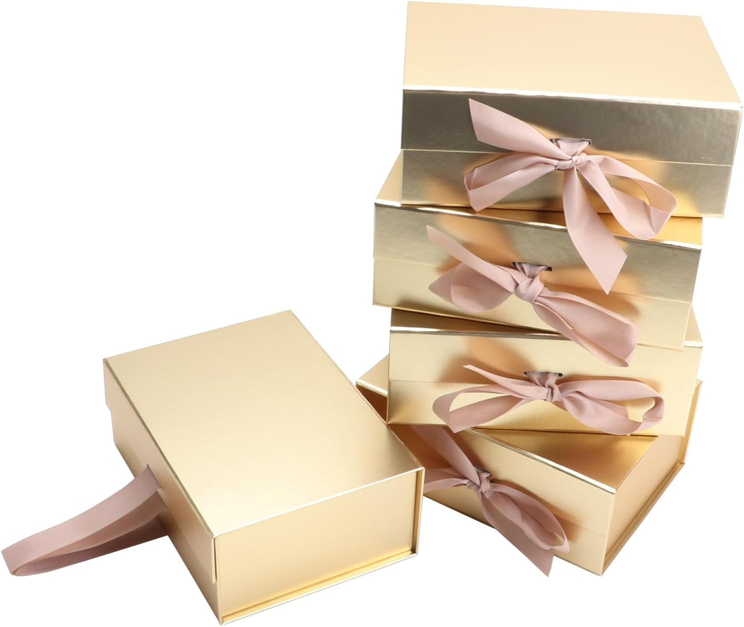Golden Boxes 8.7x6.5x3.5 Inches with Ribbon Foldable Gift Boxes Set of 5 Glossy Finish Magnetic Gift Boxes for Luxury Presentations and Groomsmen Proposal