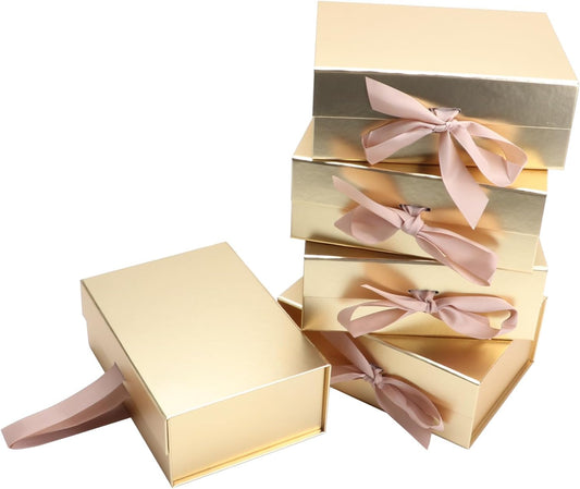 Golden Boxes 8.7x6.5x3.5 Inches with Ribbon Foldable Gift Boxes Set of 5 Glossy Finish Magnetic Gift Boxes for Luxury Presentations and Groomsmen Proposal