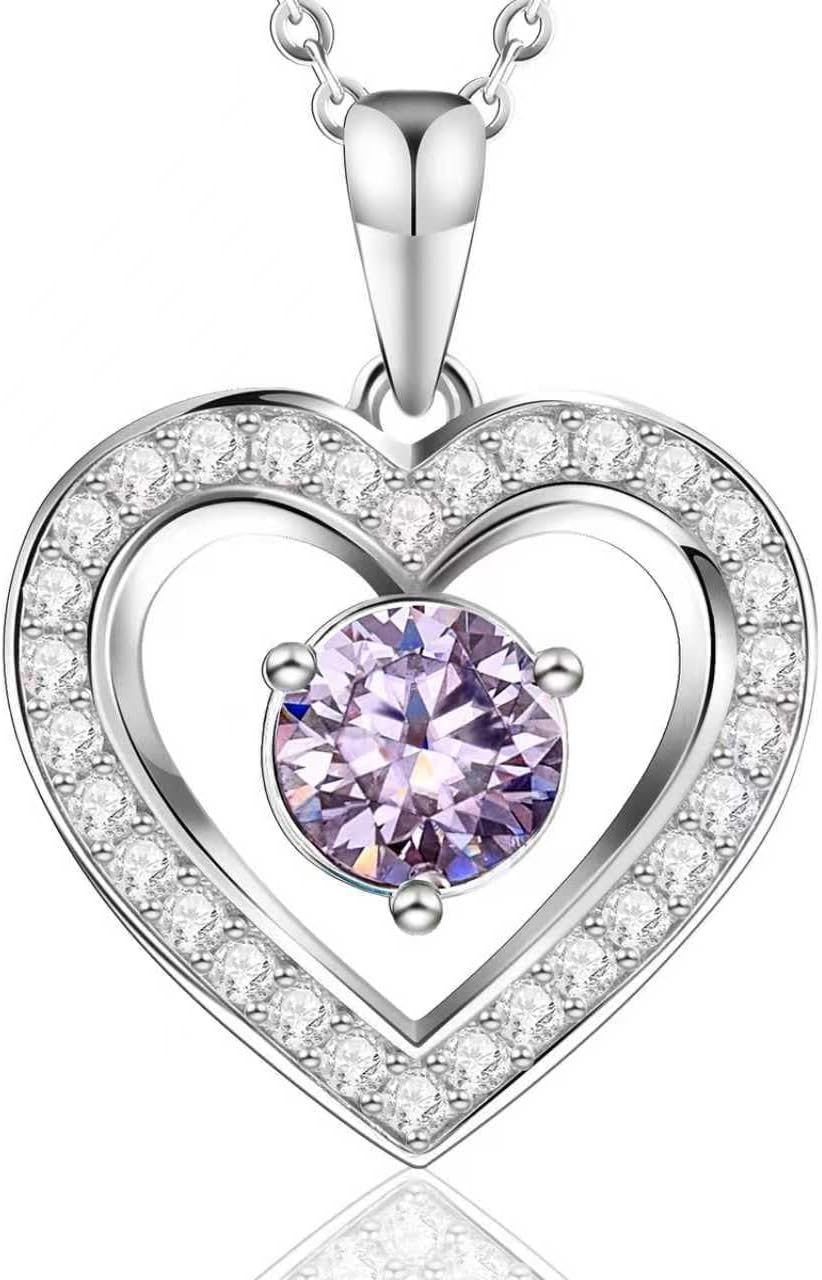 Full Moissanite Heart Necklace - No CZ! 2ct Vibrant Birthstone & 30 White Gems | 12 Month Gifts for Wife, Mom, Her | Anniversary, Valentine's Day, Mother's Day Jewelry