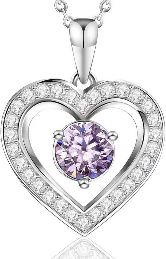 Full Moissanite Heart Necklace - No CZ! 2ct Vibrant Birthstone & 30 White Gems | 12 Month Gifts for Wife, Mom, Her | Anniversary, Valentine's Day, Mother's Day Jewelry