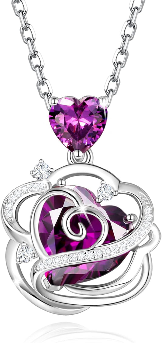 FANCIME Thornless Pulse Birthstone Necklace for Women Sterling Silver Rose Pendant Fine Jewelry Gemstone Birthday Christmas Gifts for Wife Her