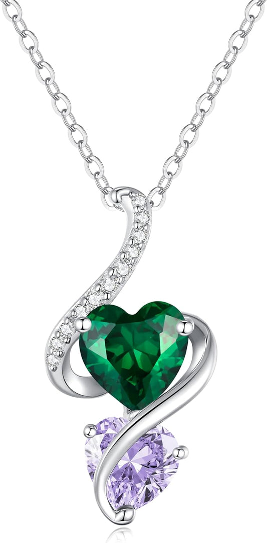 LOUISA SECRET Unique Double Heart Necklace Gifts for Wife Women, 925 Sterling Silver Tiny Birthstone Pendant Jewelry Gift for Her Girlfriend Mom Valentine's Day Anniversary Mother's Day Birthdays & Christmas