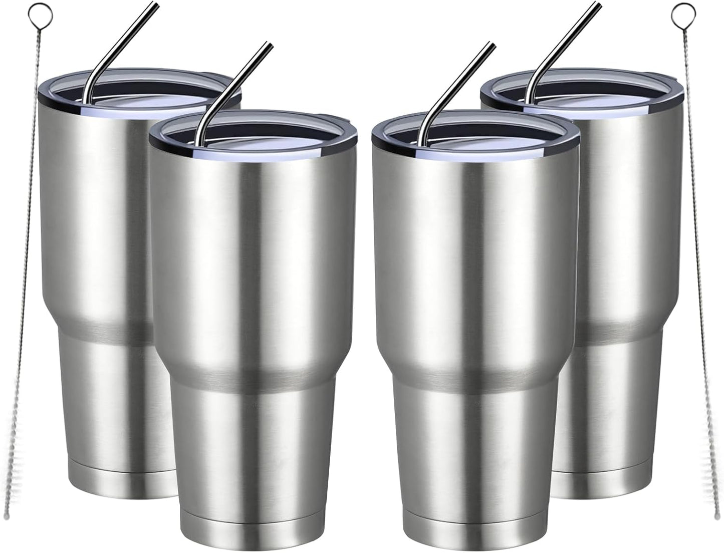 MEWAY 30oz Insulated Tumbler With Lids and Straws,Stainless Steel Double Vacuum Coffee Tumbler Cup, Brush, Durable Powder Coated Coffee Cup for Cold & Hot Drinks, Office(Silver,4 PACK)