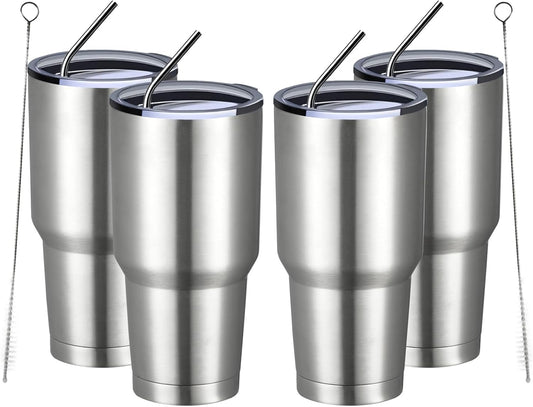 MEWAY 30oz Insulated Tumbler With Lids and Straws,Stainless Steel Double Vacuum Coffee Tumbler Cup, Brush, Durable Powder Coated Coffee Cup for Cold & Hot Drinks, Office(Silver,4 PACK)