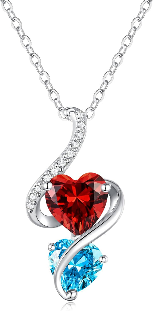 LOUISA SECRET Unique Double Heart Necklace Gifts for Wife Women, 925 Sterling Silver Tiny Birthstone Pendant Jewelry Gift for Her Girlfriend Mom Valentine's Day Anniversary Mother's Day Birthdays & Christmas