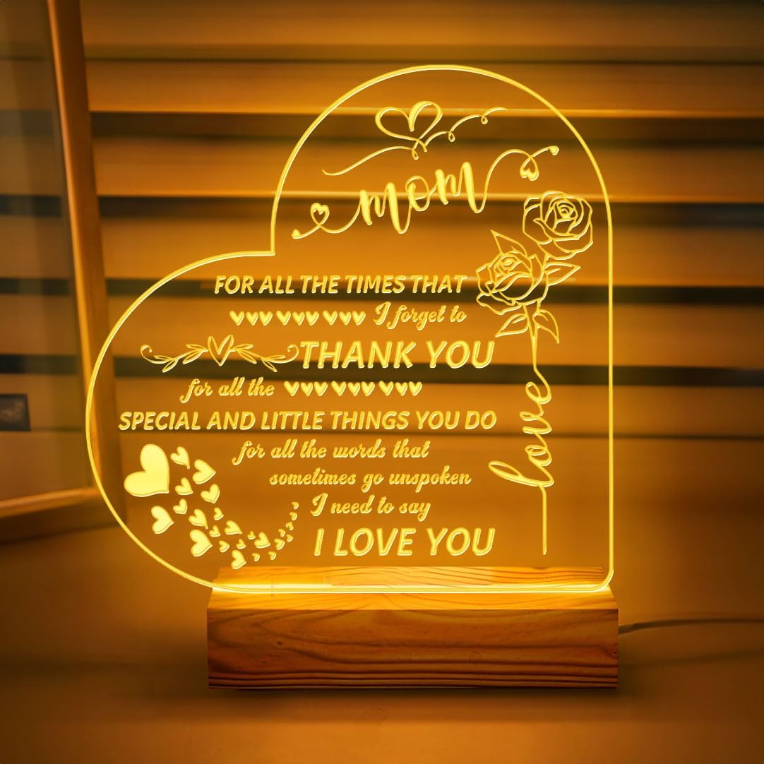 Heart-Shaped LED Night Light for Mom - USB Powered Lamp with Thank You Message - Wooden Base - Gift for Mother's Day, Birthday, Home Decor - Mom, For All The Times That I Forget To Thank You