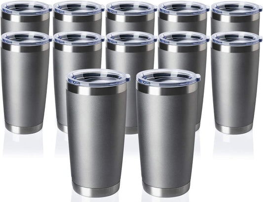 12 pack 20 OZ Double Wall Stainless Steel Vacuum Insulated Tumbler Coffee Travel Mug With Lid, Durable Powder Coated Insulated Coffee Cup for Cold & Hot Drinks (Gray, 12 pack)