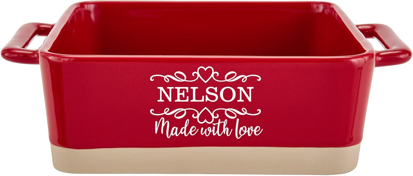 Let's Make Memories Personalized Made With Love Stoneware Square Baker- Cookware - For Her -Red
