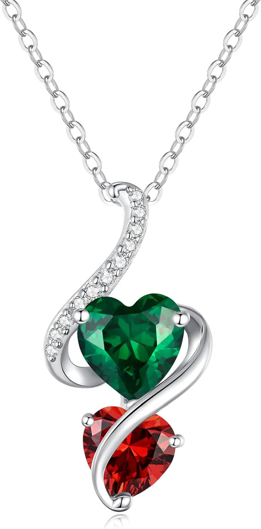 LOUISA SECRET Unique Double Heart Necklace Gifts for Wife Women, 925 Sterling Silver Tiny Birthstone Pendant Jewelry Gift for Her Girlfriend Mom Valentine's Day Anniversary Mother's Day Birthdays & Christmas