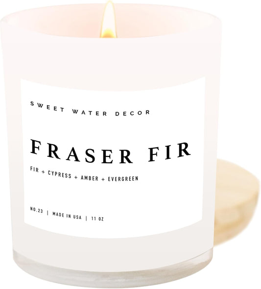 Sweet Water Decor Fraser Fir Candle - Evergreen, Fir, Cedar, and Cypress Winter Holiday Scented Soy Christmas Candles for Home - 11oz White Jar, 50+ Hour Burn Time, Made in the USA