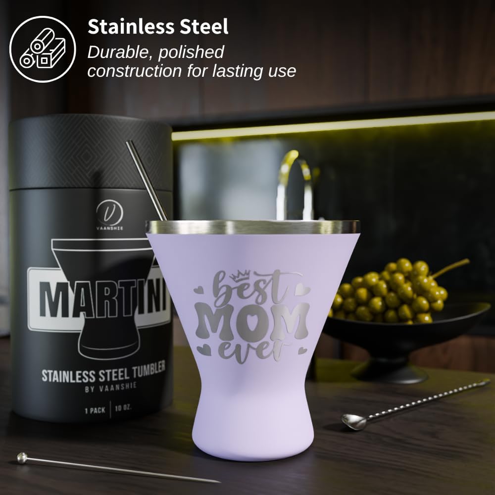 Mothers Day Gifts For Mom - Best Mom Ever Stainless Steel Martini Glass [Lilac, 10oz, Pack of 1] - Powder - Coated, Double Wall Margarita Cup - Birthday, Mother's Day, New Mom Gifts for Women