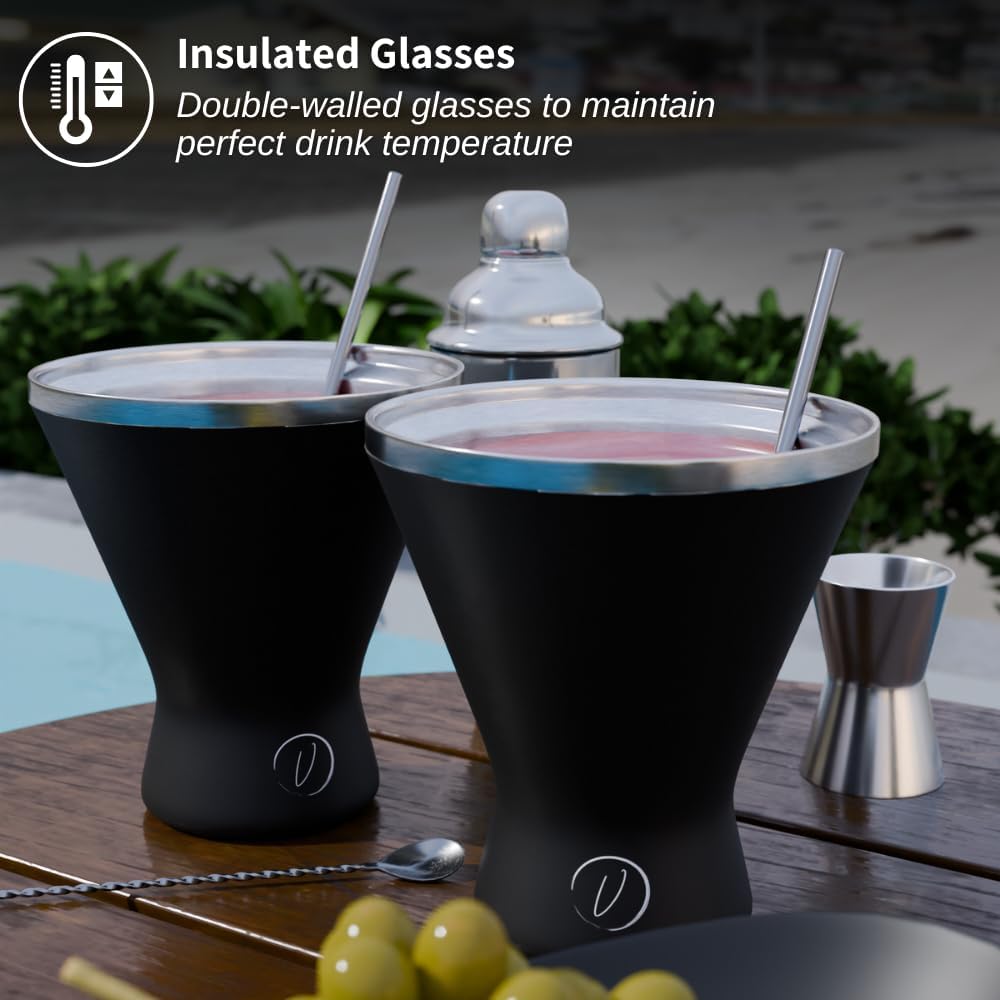 Stainless Steel Martini Glass [Pack of 2] – 10oz Black, Powder Coated, No Sweat, Double Wall Margarita Tumbler for Cocktails and Cold Drinks | Perfect for Mother's Day Gift
