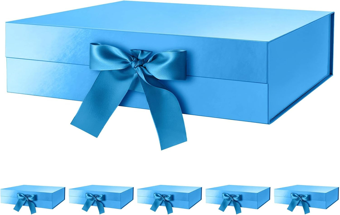 GREEN BEAN 6 Large Gift Boxes with Lids for Presents 13x9.7x3.4 Inches, Blue Magnetic Gift Boxes with Ribbon, Groomsmen Proposal Box, Luxury Gift Boxes (Glossy Blue)
