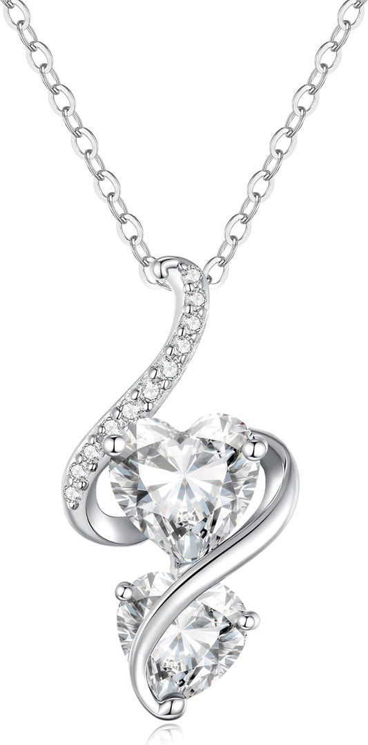 LOUISA SECRET Unique Double Heart Necklace Gifts for Wife Women, 925 Sterling Silver Tiny Birthstone Pendant Jewelry Gift for Her Girlfriend Mom Valentine's Day Anniversary Mother's Day Birthdays & Christmas