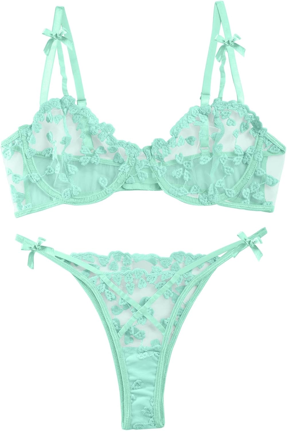 Lilosy Sexy Underwire Cute Push Up Strappy Embroidered Mesh Sheer Lingerie Set See Through Panty Bra