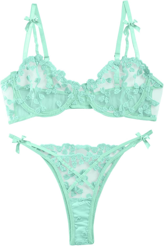 Lilosy Sexy Underwire Cute Push Up Strappy Embroidered Mesh Sheer Lingerie Set See Through Panty Bra