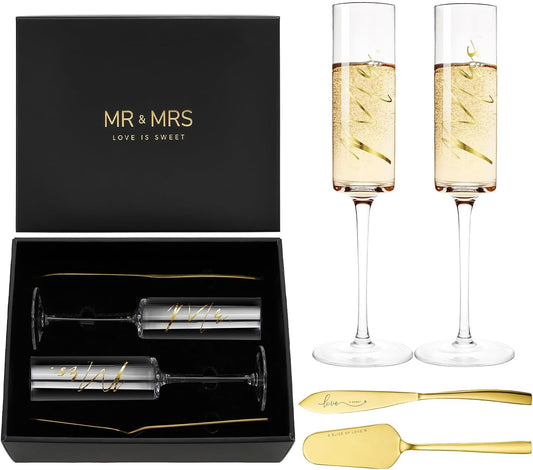 AW BRIDAL Engagement Bridal Shower Wedding Gifts for Newlywed Couples 2025, Anniversary Mr Mrs Champagne Flutes Toasting Glasses, Wedding Gold Cake Knife and Server Set with Gift Box for Bride Groom