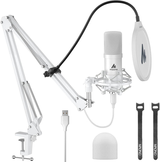 MAONO USB Microphone, 192kHz/24bit Plug & Play PC Computer Podcast Condenser Cardioid Metal Mic Kit with Professional Sound Chipset for Recording, Gaming, Singing, YouTube, AU-A04 White