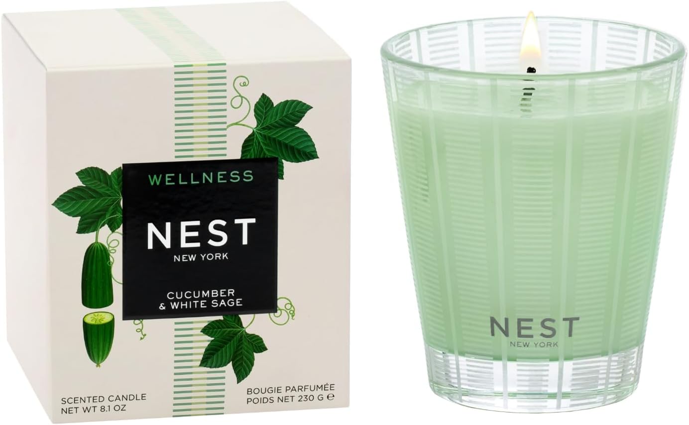 NEST New York Scented Classic Candle, Cucumber & White Sage - 8.1 oz - Up to 60-Hour Burn Time - Reusable Glass Vessel