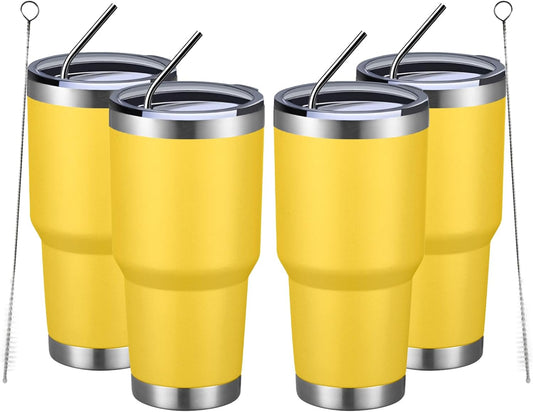 MEWAY 30oz Insulated Tumbler With Lids and Straws,Stainless Steel Double Vacuum Coffee Tumbler Cup, Brush, Durable Powder Coated Coffee Cup for Cold & Hot Drinks, Office, Travel(Yellow,4 PACK)