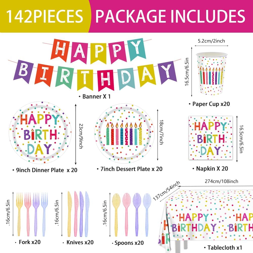 142pcs Happy Birthday Party Supplies Set with Colorful Polka Dots Design- Includes Disposable Paper Birthday Plates and Napkins, Cups, Tablecloth, and Banner，Dots Party Supplies Serves 20 Guests