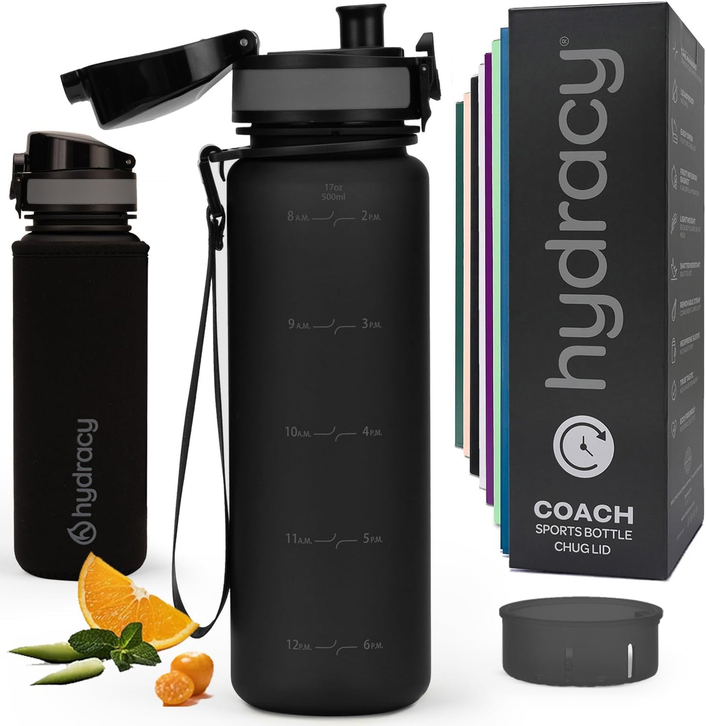 Hydracy Water Bottle with Time Marker -Large BPA Free Water Bottle & No Sweat Sleeve -Leak Proof Gym Bottle with Fruit Infuser Strainer & Times to Drink -Ideal for Fitness Sports & Outdoors