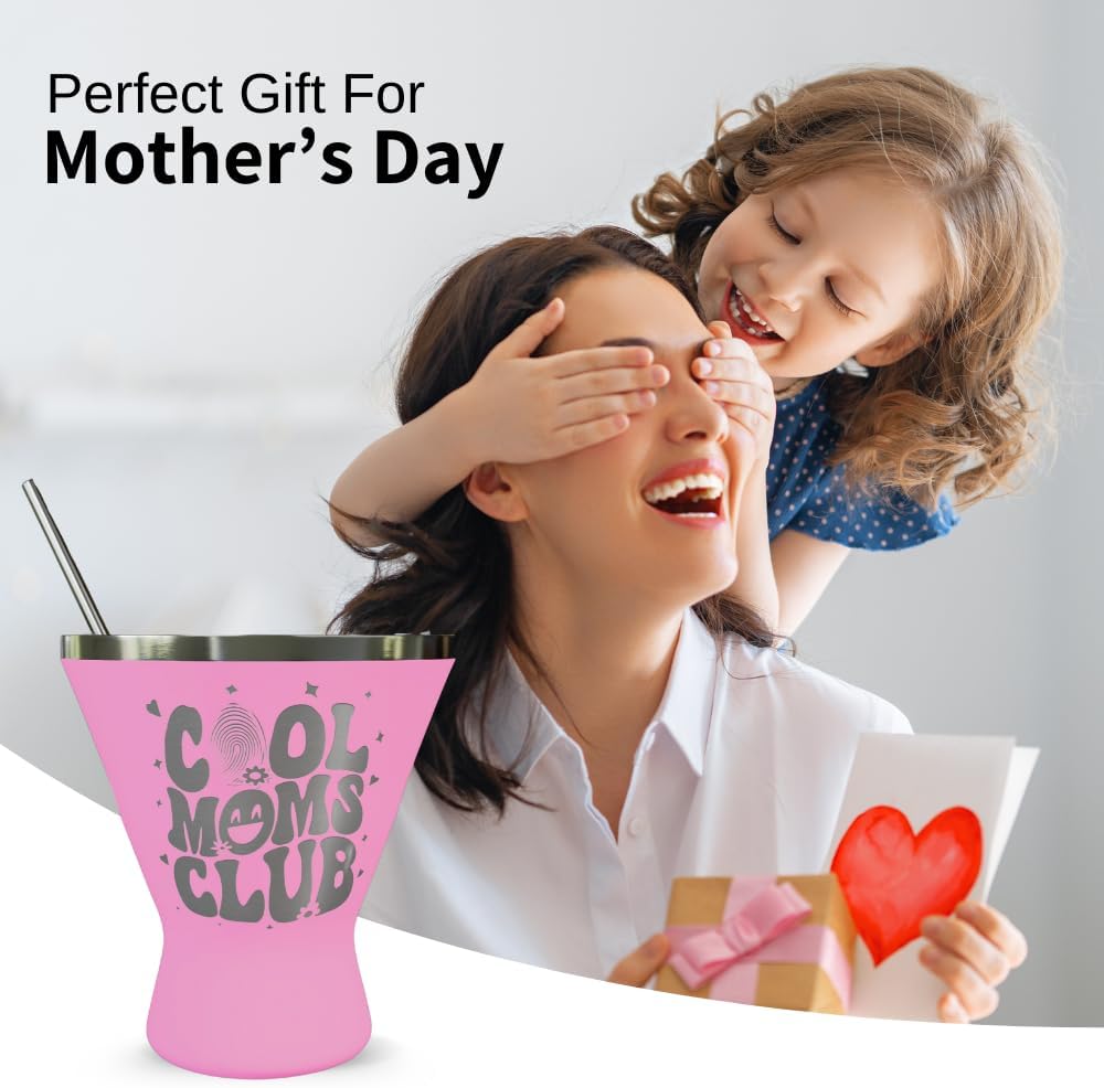 Mothers Day Gifts For Mom - Cool Moms Club Stainless Steel Martini Glass [Pink, 10oz, Pack of 1] - Powder - Coated, Double Wall Margarita Cup - Birthday, Mother's Day, New Mom Gifts for Women