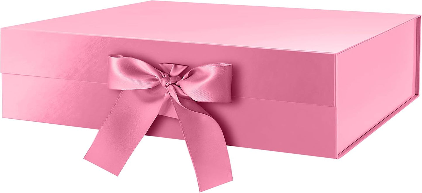 GREEN BEAN Large Gift Box with Lid for Presents 13x9.7x3.4 Inches, Pink Magnetic with Ribbon Luxury Gift Box, Bridesmaid Proposal Box (Glossy Pink)