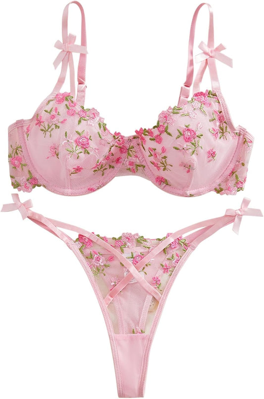 Lilosy Sexy Underwire Cute Push Up Strappy Embroidered Mesh Sheer Lingerie Set See Through Panty Bra